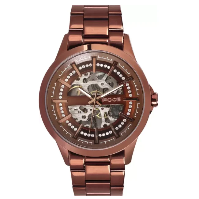 FOCE Automatic Brown Dial Metal Belt Watch For Men-FC 11642GBR6