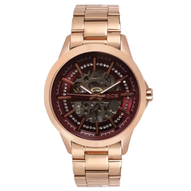 FOCE Automatic Burgundy Dial Metal Belt Watch For Men-FC 11642GRG7