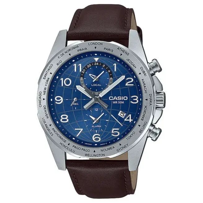 Casio Male Blue Chronograph Leather Watch A2150