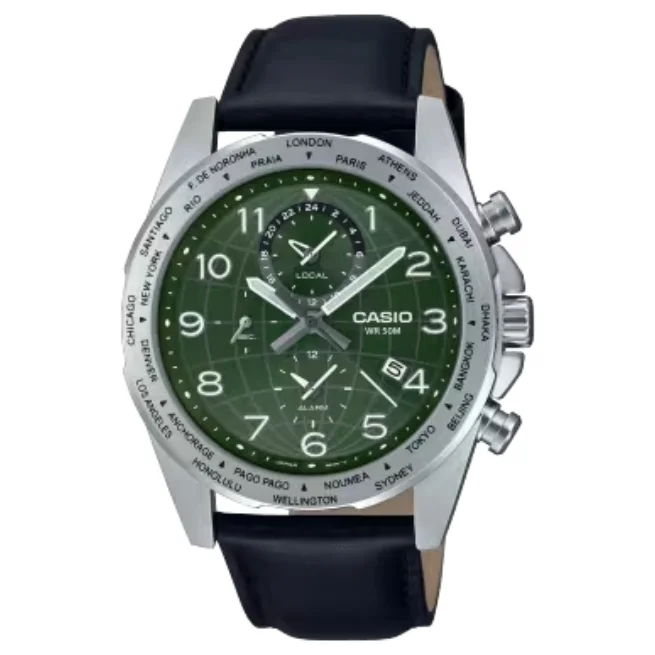 Casio Male Green Chronograph Leather Watch A2151