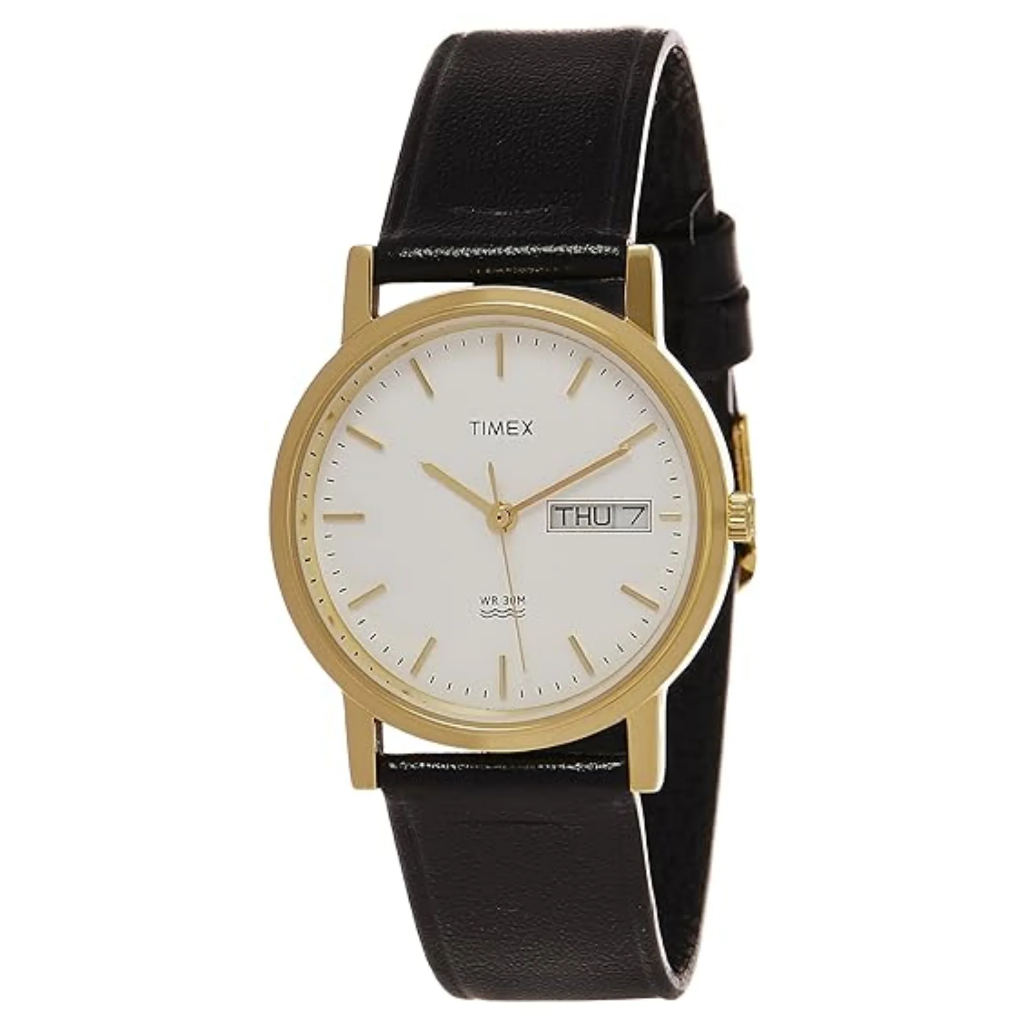 TIMEX Classics Men's Quartz Analog White Dial Round Case Day Date Function Watch -A500, Black, Strap