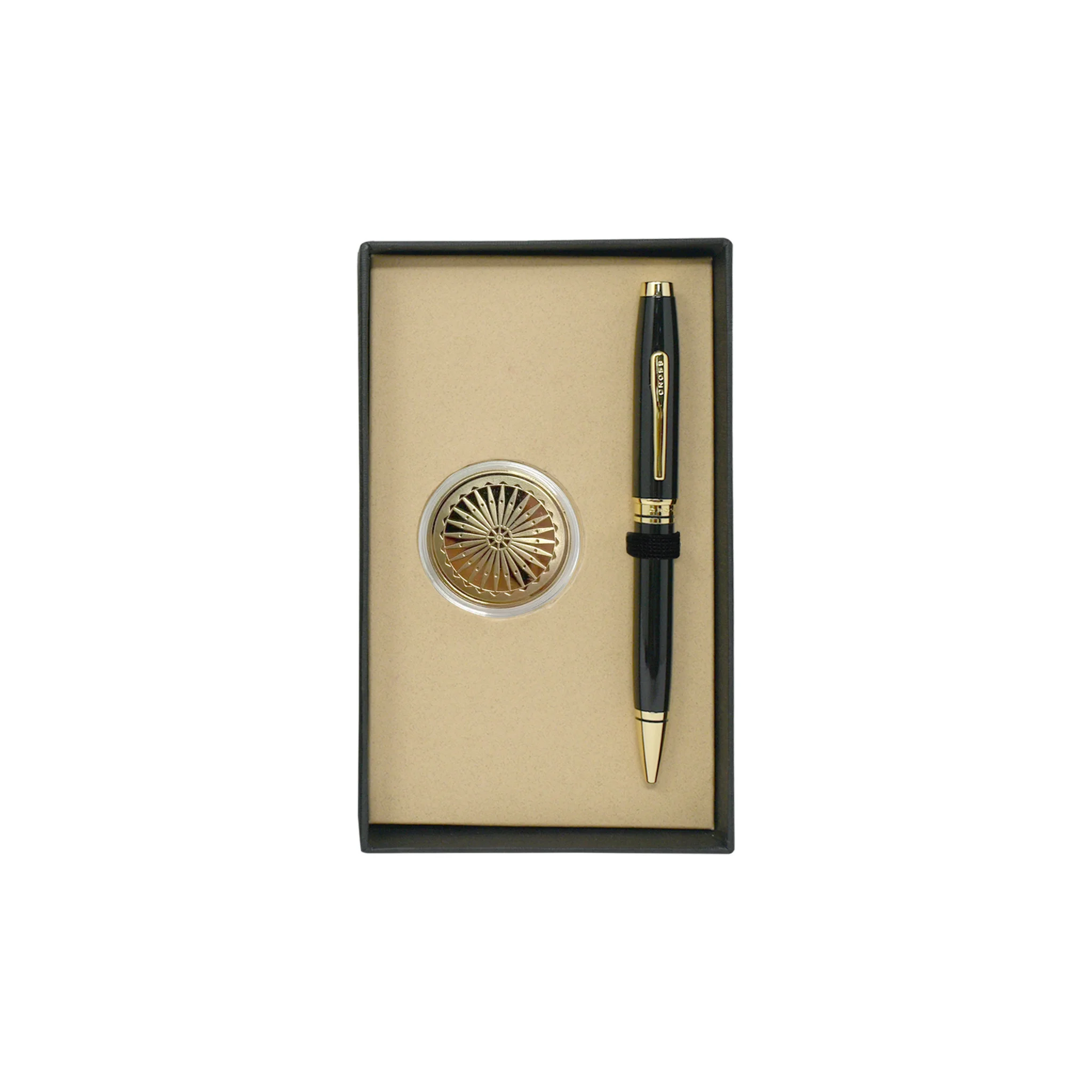 Cross Pen Coventry Black Lacquer With Gold Appointments Ball Point + Chakra Coin