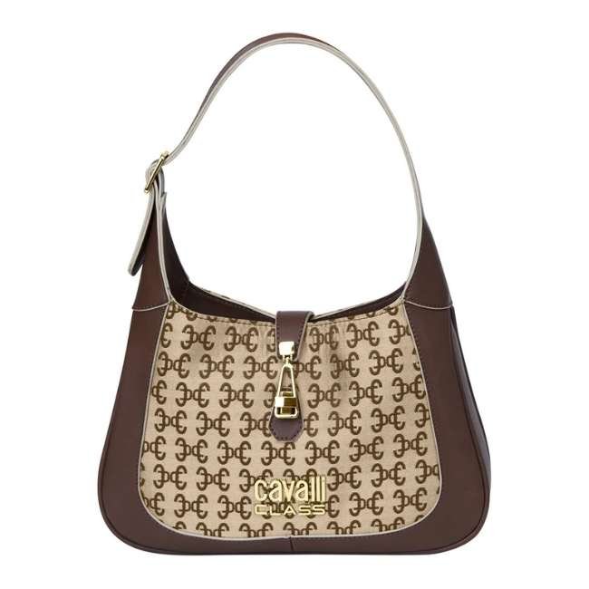 Cavalli Class Simeto Dark Brown And Logo Jacquard Casual Hand Bag Cchb00532500