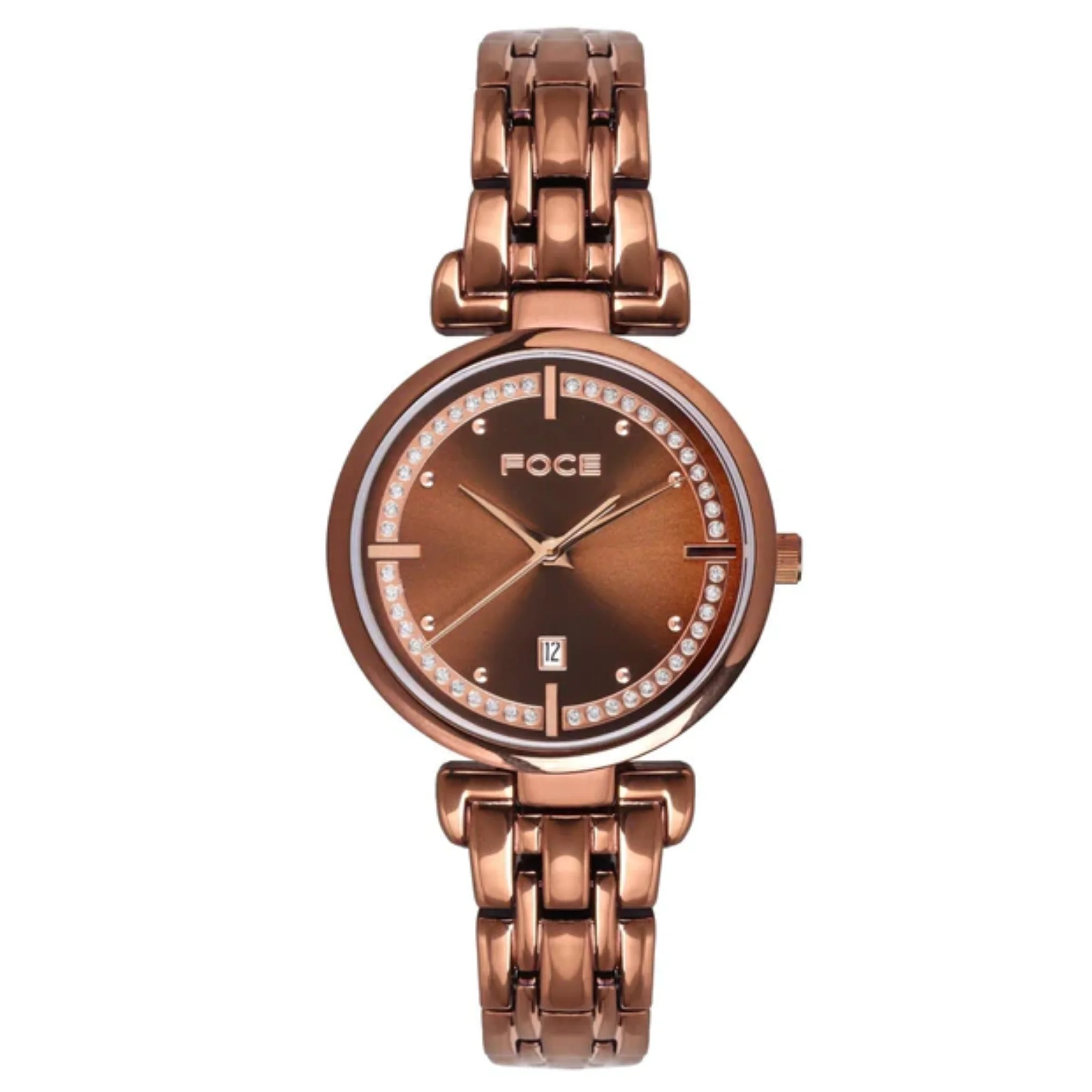 FOCE Multifunction Brown Dial Metal Belt Watch For Women-FC11653LBR6