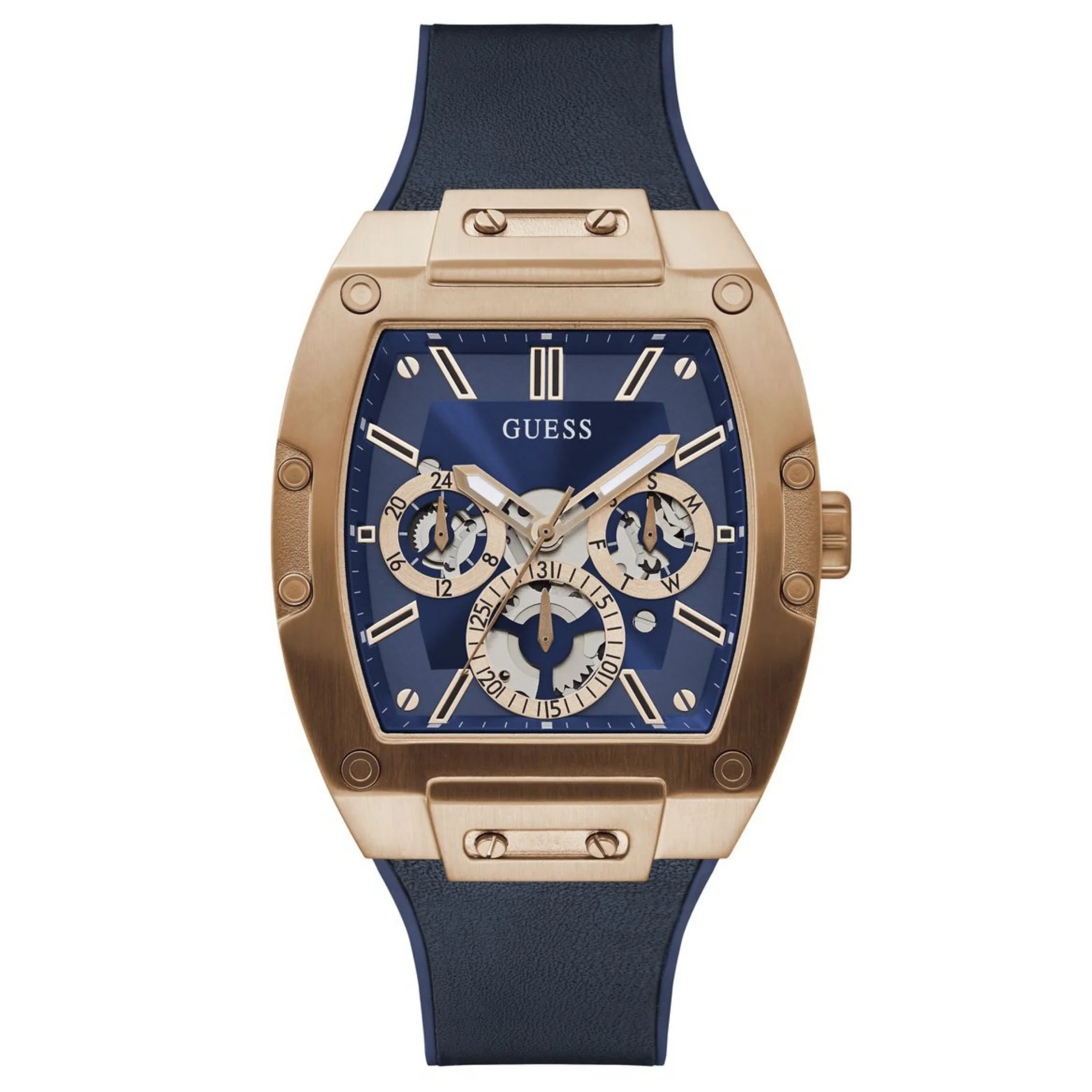 GUESS Mens Blue Rose Gold Tone Multi-function Watch