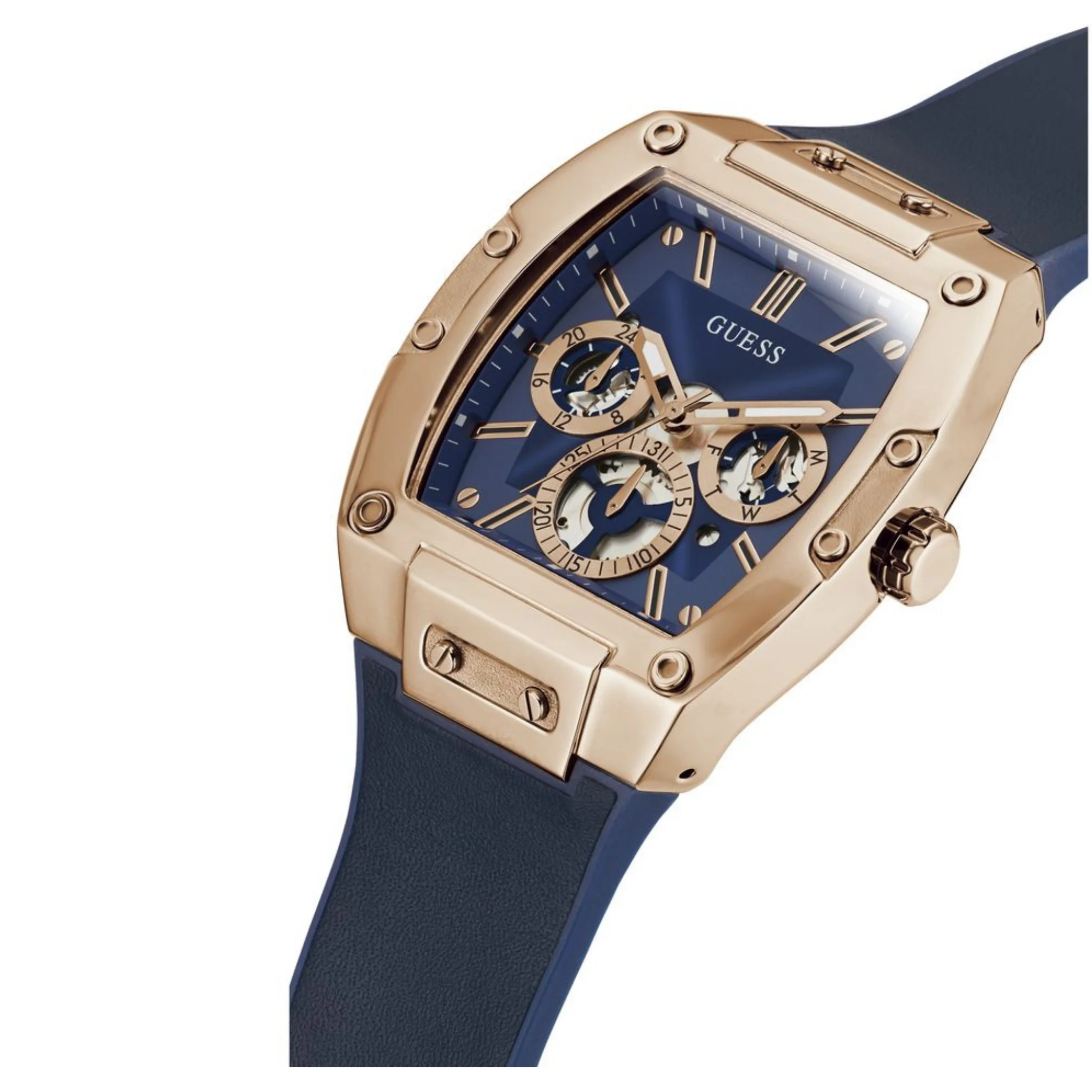 GUESS Mens Blue Rose Gold Tone Multi-function Watch