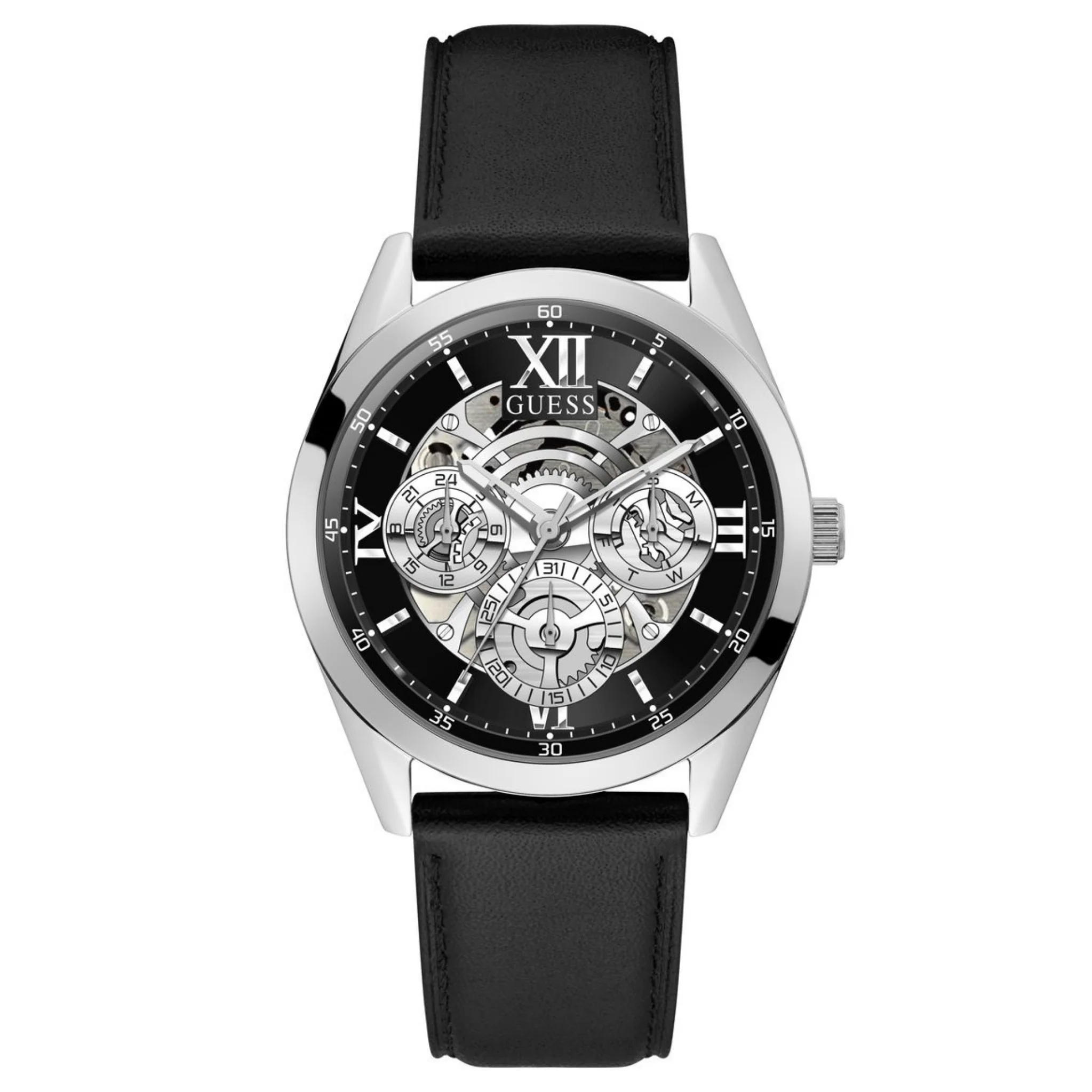 GUESS Mens Black Silver Tone Multi-function Watch