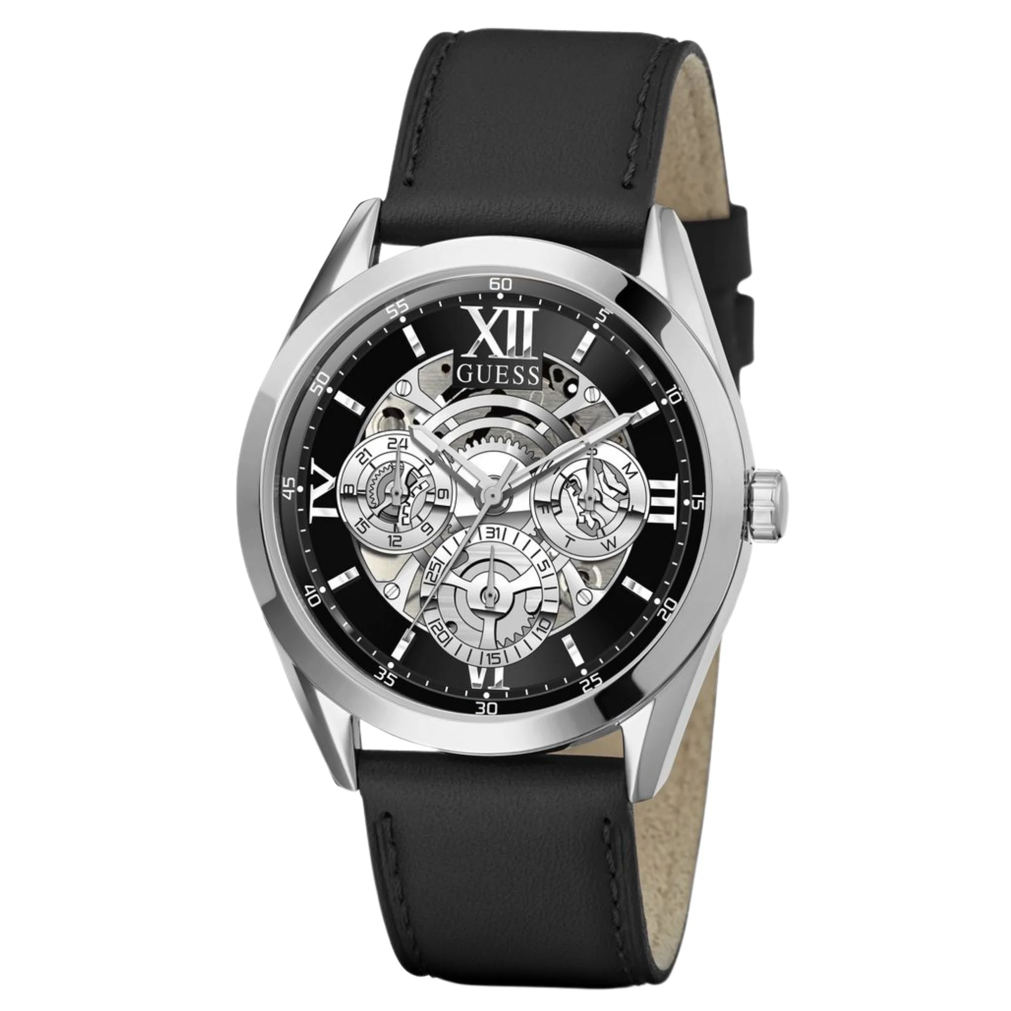 GUESS Mens Black Silver Tone Multi-function Watch