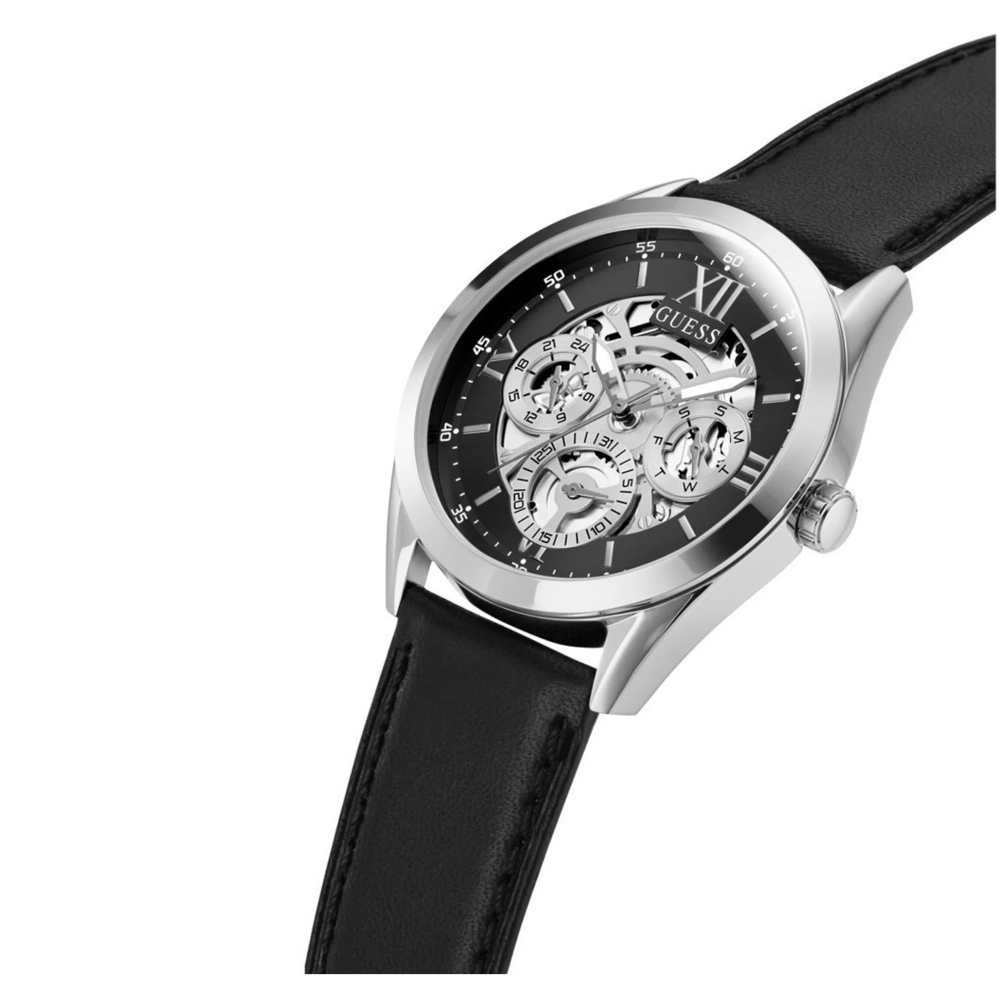 GUESS Mens Black Silver Tone Multi-function Watch