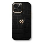 Golden Concept iPhone 15 Case - Embossed Croco Logo for 15 Pro -IC-15P-CE-BK-G