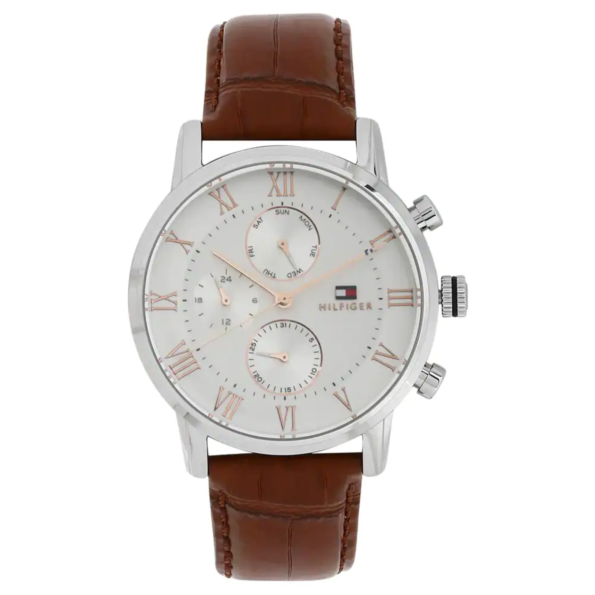 Tommy Hilfiger Silver Dial Brown Leather Strap Watch-NETH1791400