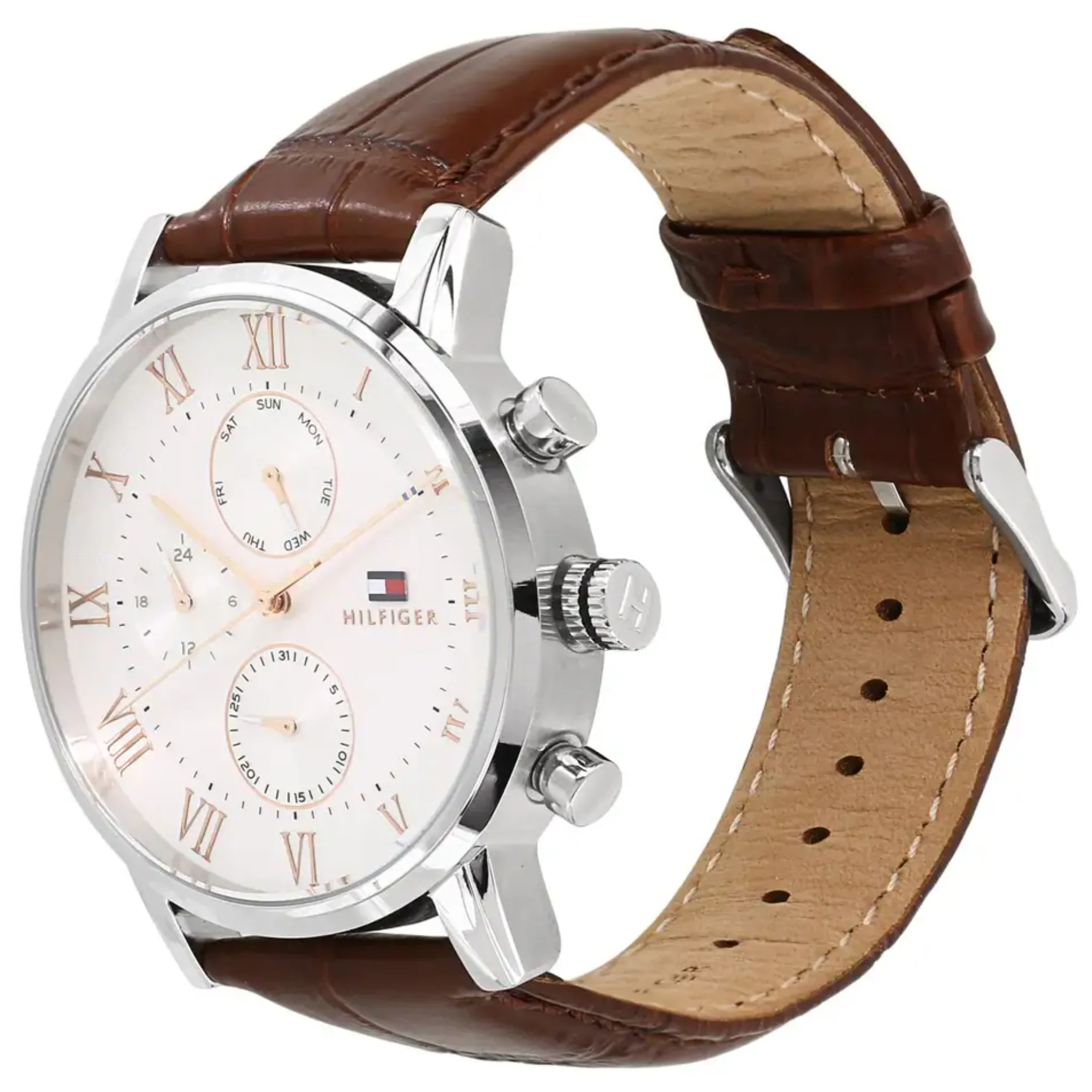 Tommy Hilfiger Silver Dial Brown Leather Strap Watch-NETH1791400