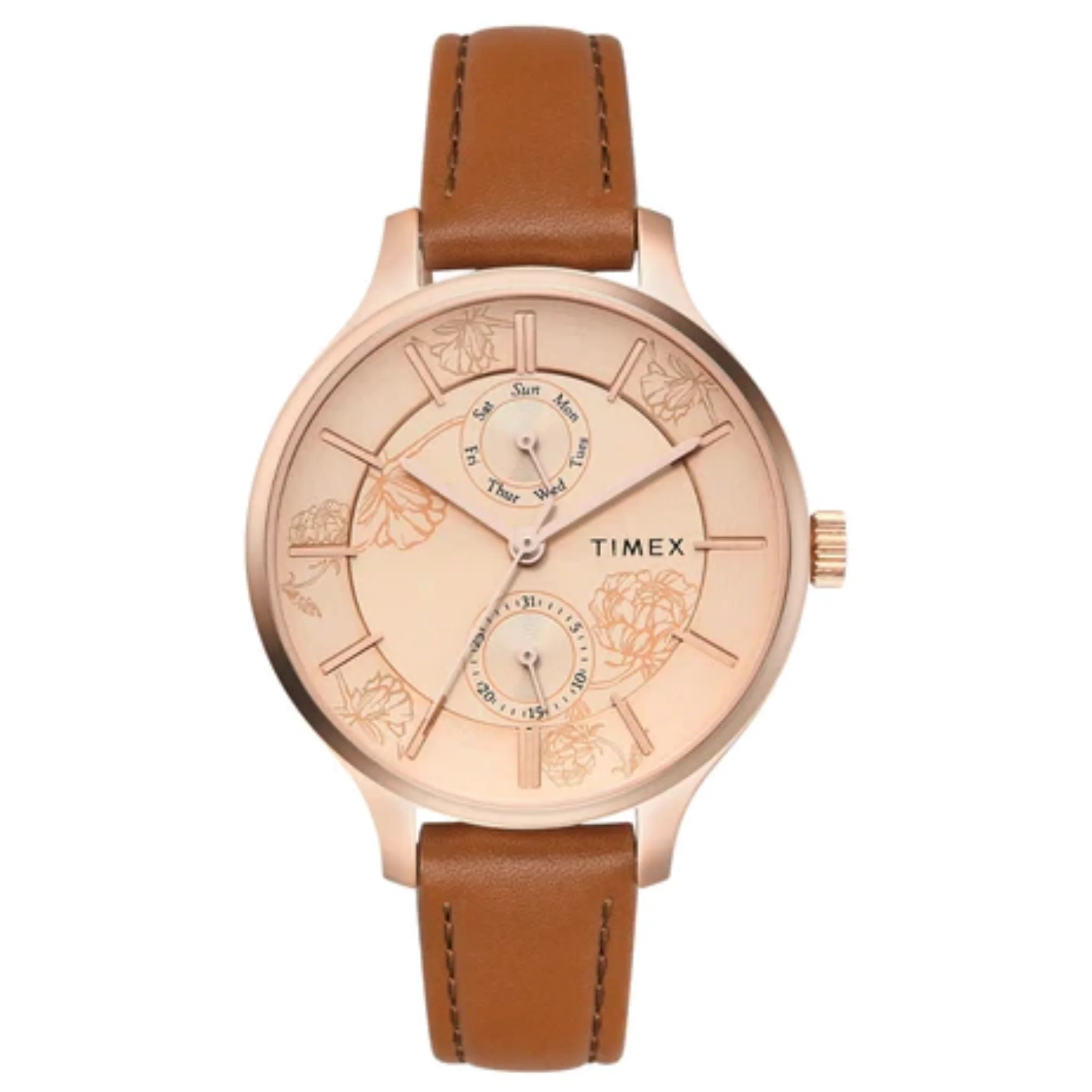 TIMEX Fashion Women's Rose Gold Dial Round Case Multifunction Function Watch -TWEL14823