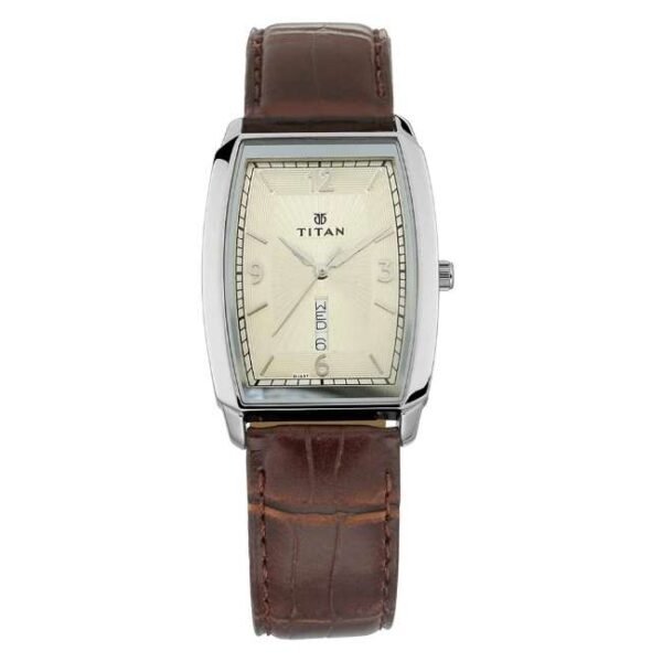 Titan Quartz Analog with Day and Date Champagne Dial Leather Strap Watch for Men-1737SL02