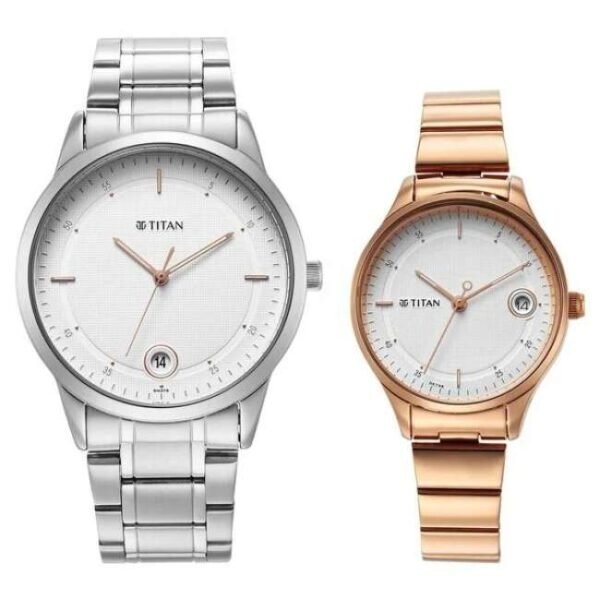 Titan Bandhan White Dial Analog Date Stainless Steel Strap watch for Couple-18062649KM01