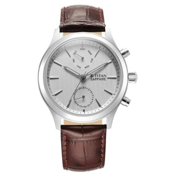 Titan Sapphire Multifunction Quartz Analog with Day and Date White Dial Leather Strap Watch for Men-1874SL03