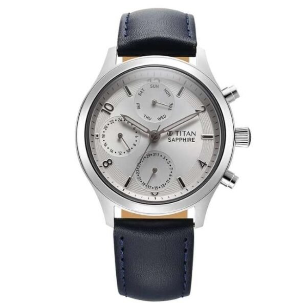 Titan Sapphire Quartz Multifunction Silver Dial Leather Strap Watch for Men-1874SL04