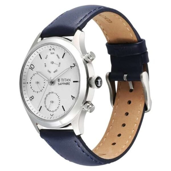 Titan Sapphire Quartz Multifunction Silver Dial Leather Strap Watch for Men-1874SL04