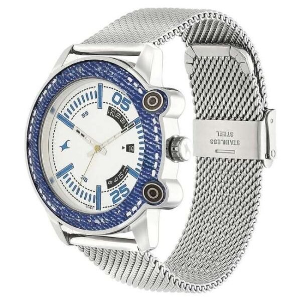 Fastrack Denim Quartz Analog with Date Silver Dial Stainless Steel Strap  Watch for Guys-3188KM01