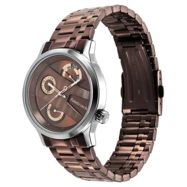 Fastrack Exuberant Quartz Multifunction Brown Dial Metal Strap Watch for Guys-3281KM03