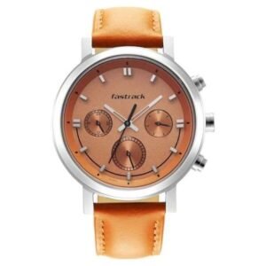 Fastrack Tick Tock Quartz Multifunction Orange Dial Leather Strap Watch for Guys-3287SL02
