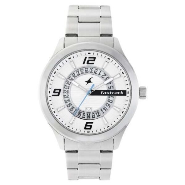 Fastrack Loopholes Quartz Analog with Date White Dial Stainless Steel Strap Watch for Guys-38050SM01