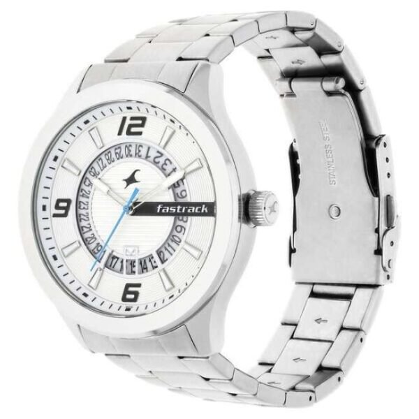 Fastrack Loopholes Quartz Analog with Date White Dial Stainless Steel Strap Watch for Guys-38050SM01