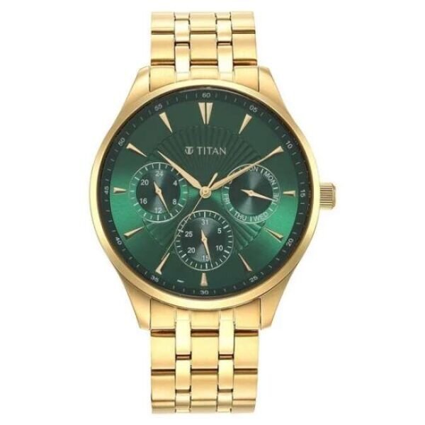 Titan Opulent Green Dial Quartz Multifunction Stainless Steel Strap watch for Men-90127YM05