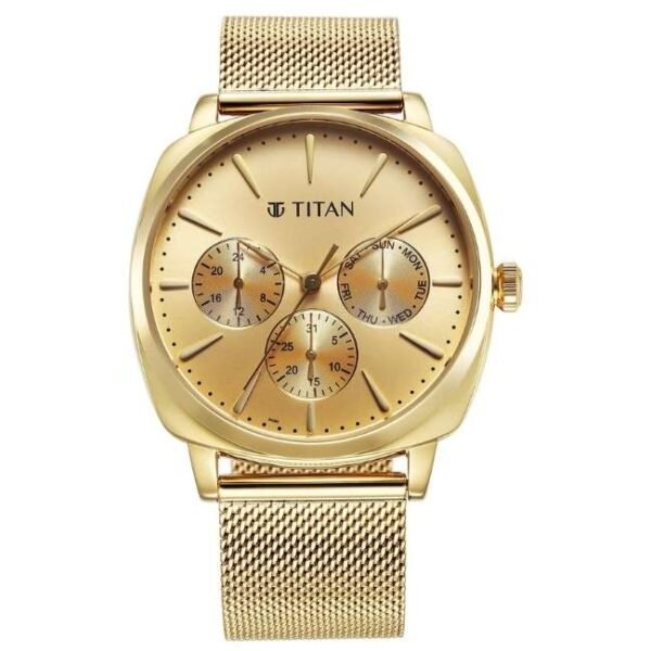 Titan Classique Suave Quartz Yellow Dial Golden Stainless Steel Mesh Strap Watch for Men-90189YM02