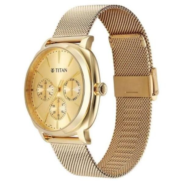 Titan Classique Suave Quartz Yellow Dial Golden Stainless Steel Mesh Strap Watch for Men-90189YM02