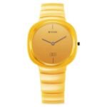 Titan Edge Squircle Camo Quartz Analog Yellow Dial Ceramic Strap Watch For Unisex - 1841qc08