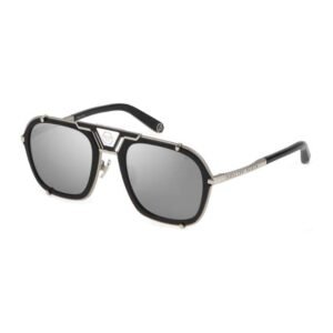 Philipp Plein Unisex Black Silver Pilot Sunglass -SPP010M 55 589X